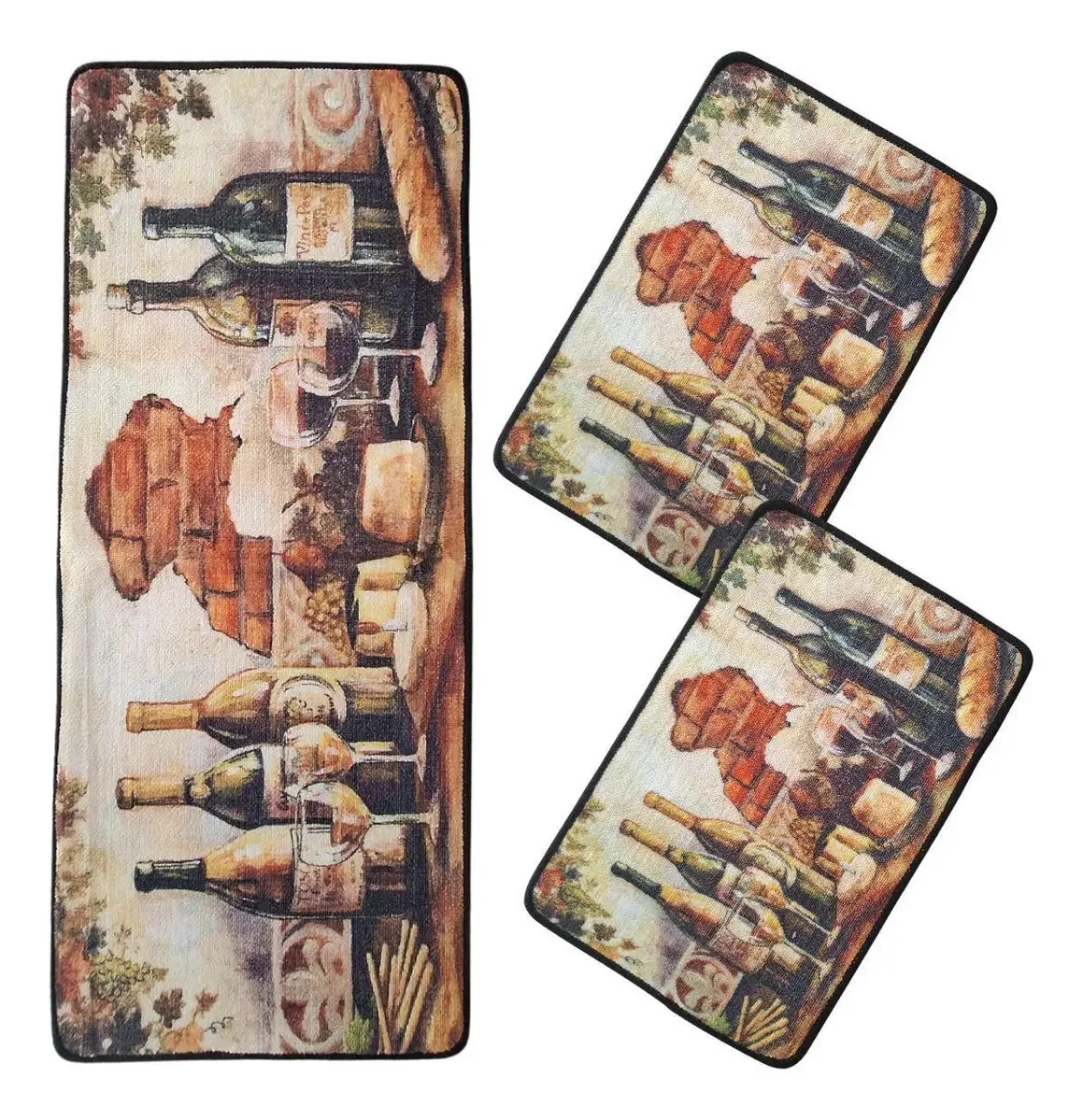 Conjunto De 3 Tapetes Para Cozinha Estampa Vinhos Bege