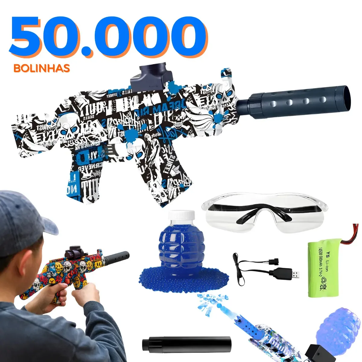 Arma Bolinha De Gel Arminha Ak47 Metralhadora Automática Shiny Love Cor Azul + 50 Mil Bolinhas