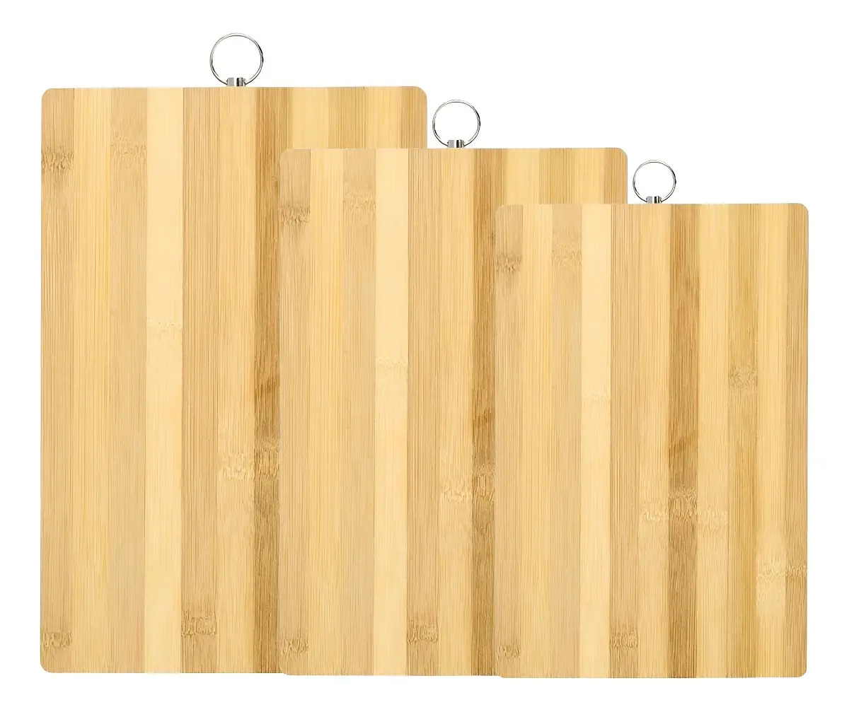 Conjunto 3 Tábuas De Corte Bambu Alça Inox Sustentável Cor Palha Liso