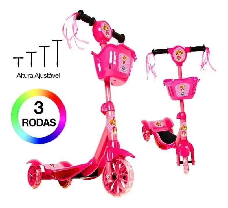 Patinete Com Cesta Infantil Luz E Música Roda Dupla - Rosa