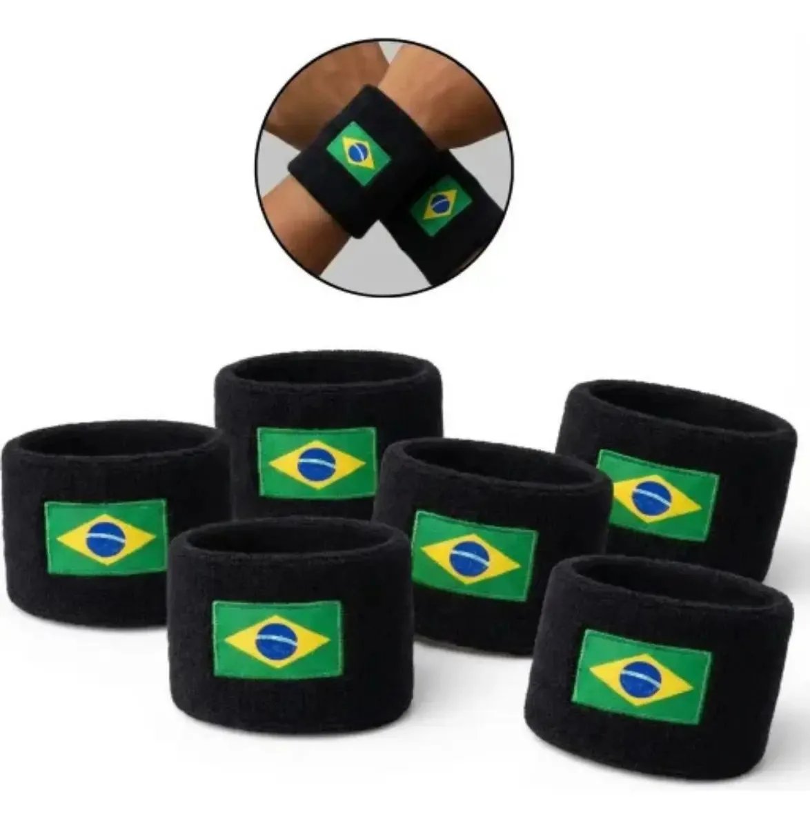 Kit 12 Munhequeiras do Brasil para Copa e Eventos - Pulseira de Tecido Preta Média