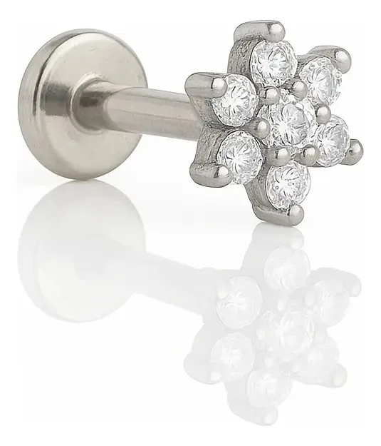 Piercing Labret Titânio 8mm Zircônia Transparente Prateado Orelha