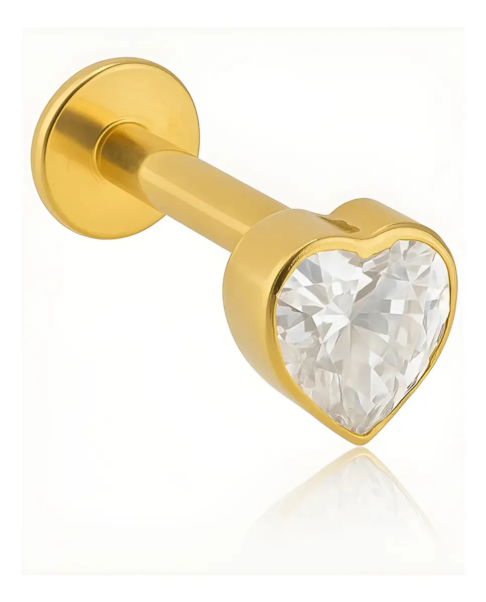 Piercing Labret Titânio Coração Zircônia Hipoalergênico Cor Dourado