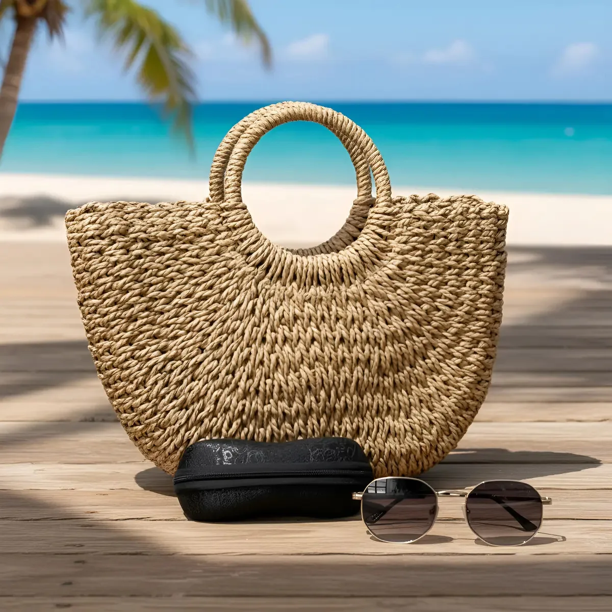 Bolsa praia Feminino palha sintética bege escuro MARI SOBERANA com óculos