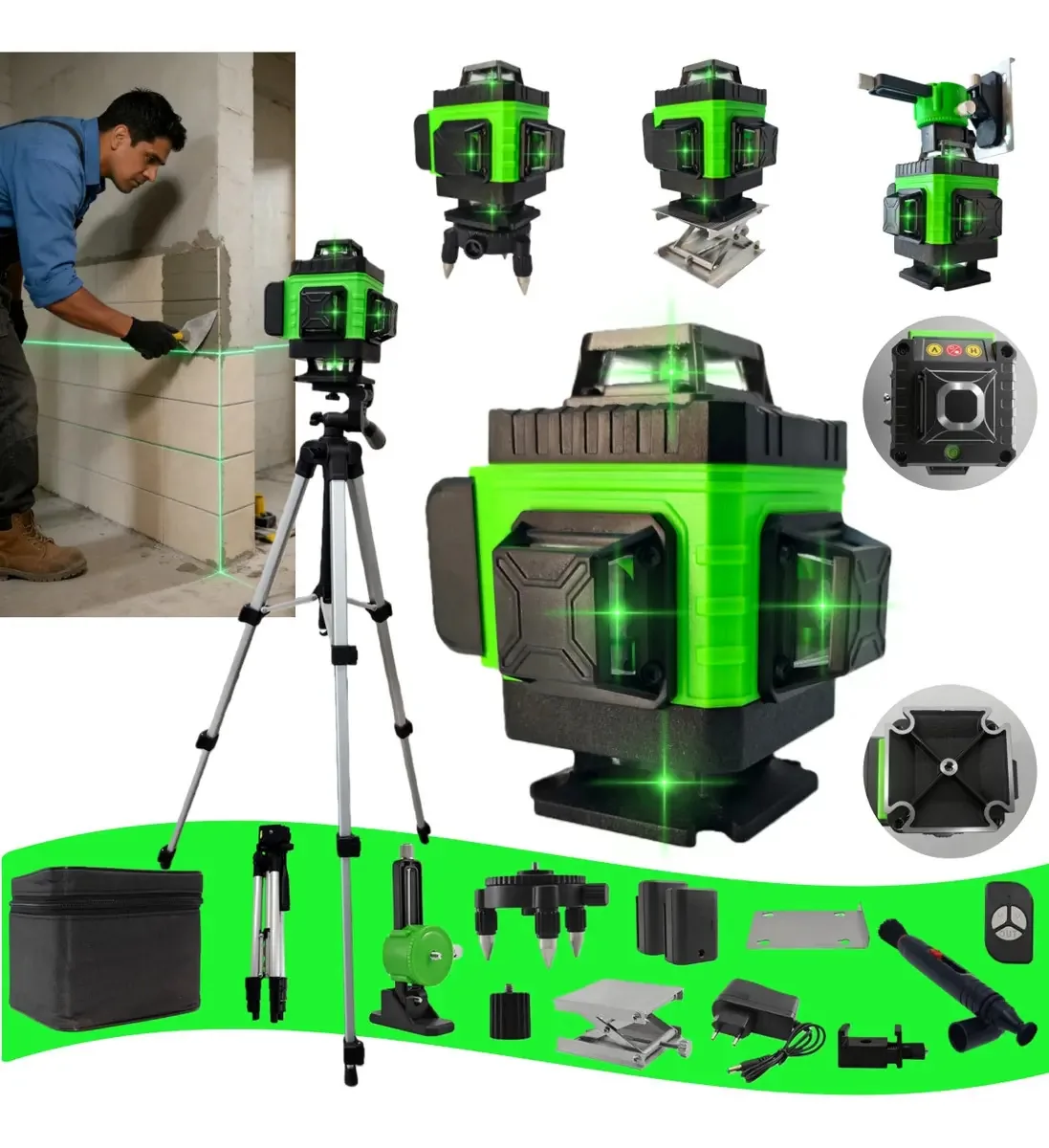 Nível a Laser 16 Linhas Verde 360° Profissional com Tripé e 2 Baterias Recarregáveis
