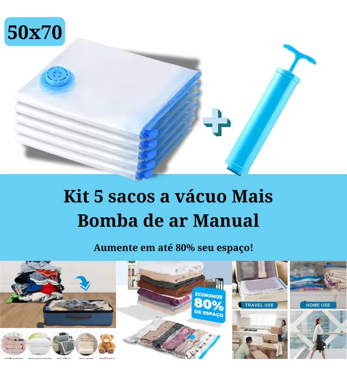 Saco A Vácuo Mais Bomba De Ar Reutilizável Organizador De Roupas Cama Edredom Casal E Solteiro 70x50cm Ak Acessórios