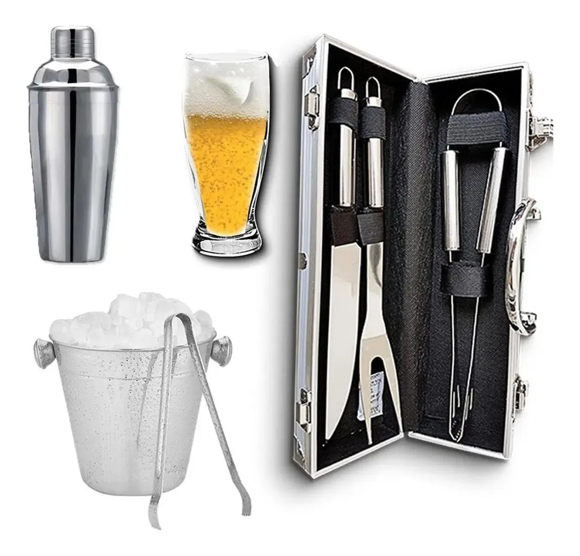 Kit Bar Coqueteleira Balde Gelo Faca Carne Inox