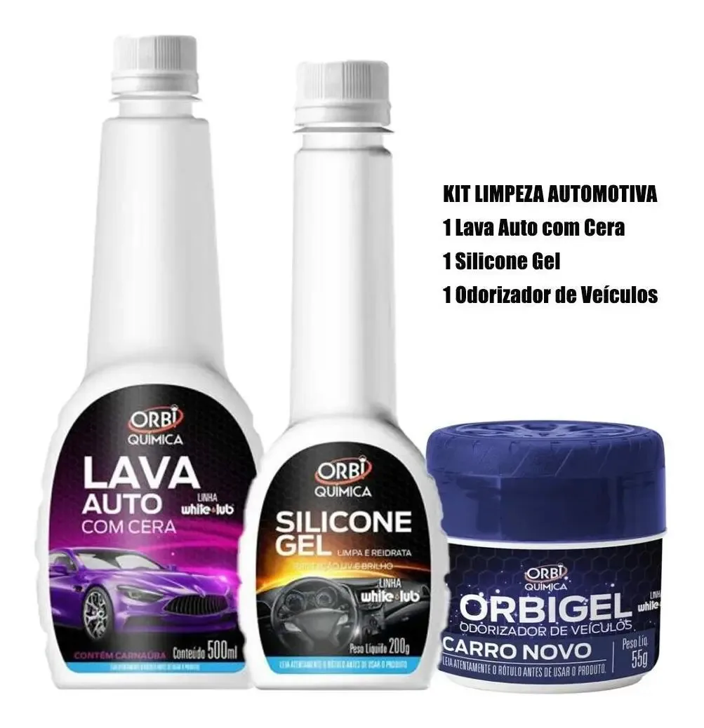 Kit Limpeza Automotiva - Shampoo, Silicone Gel E Odorizador