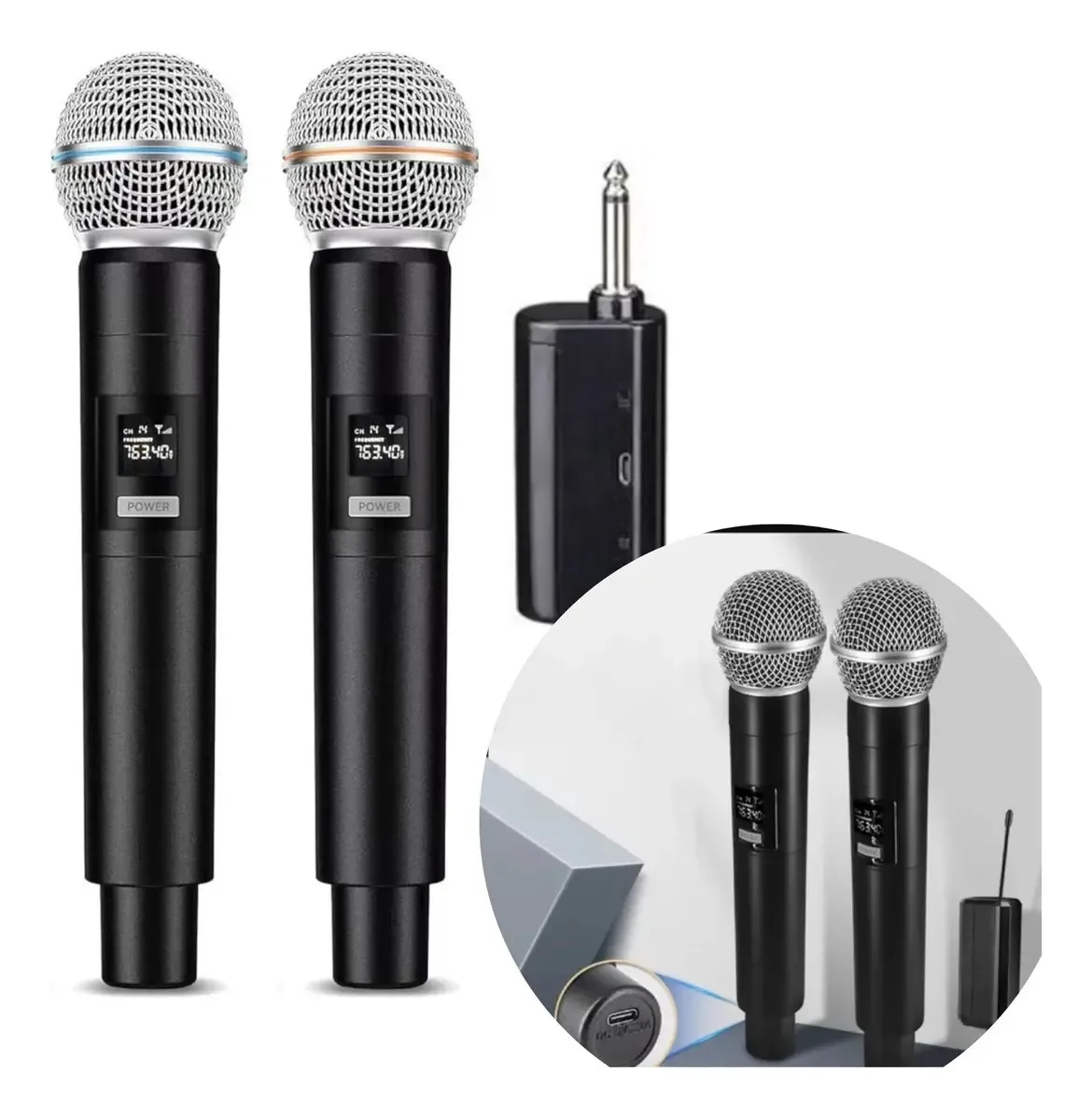 2 Microfones Sem Fio Duplo Recarregável Profissional Bateria Cor Preto