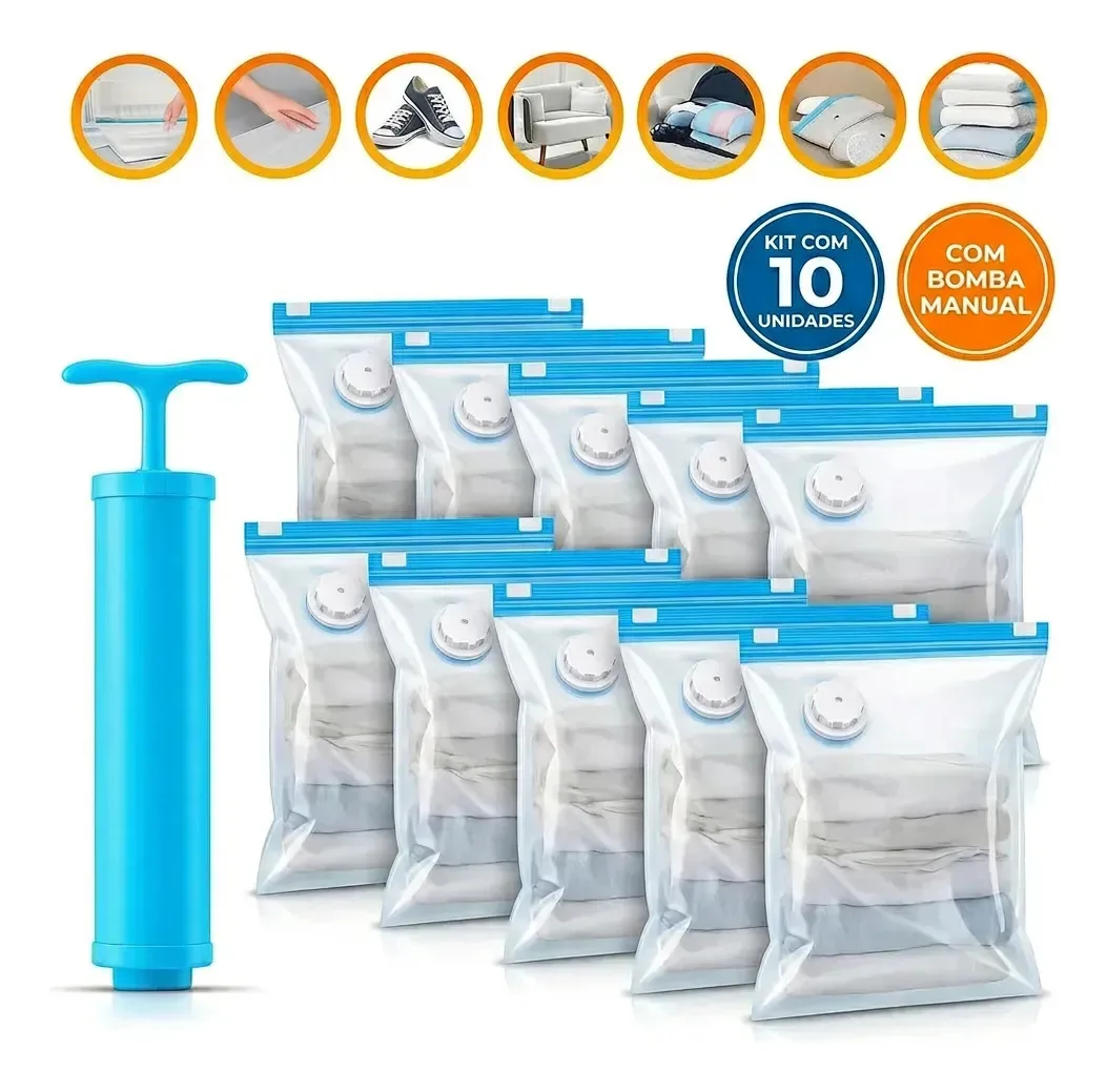 Kit 10 Saco A Vacuo Viagem Mala Organizador Embalagem Com Bomba Para Sugar Embalagem Vacuo Roupa Casaco Organizadores Organizador Vac Bag Vacuum Tira Ar Para Edredom Diminuir Volume Dunanda Oficial