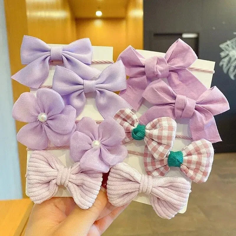 Kit 10 Elásticos De Cabelo Infantil Com Laços E Flores Roxo