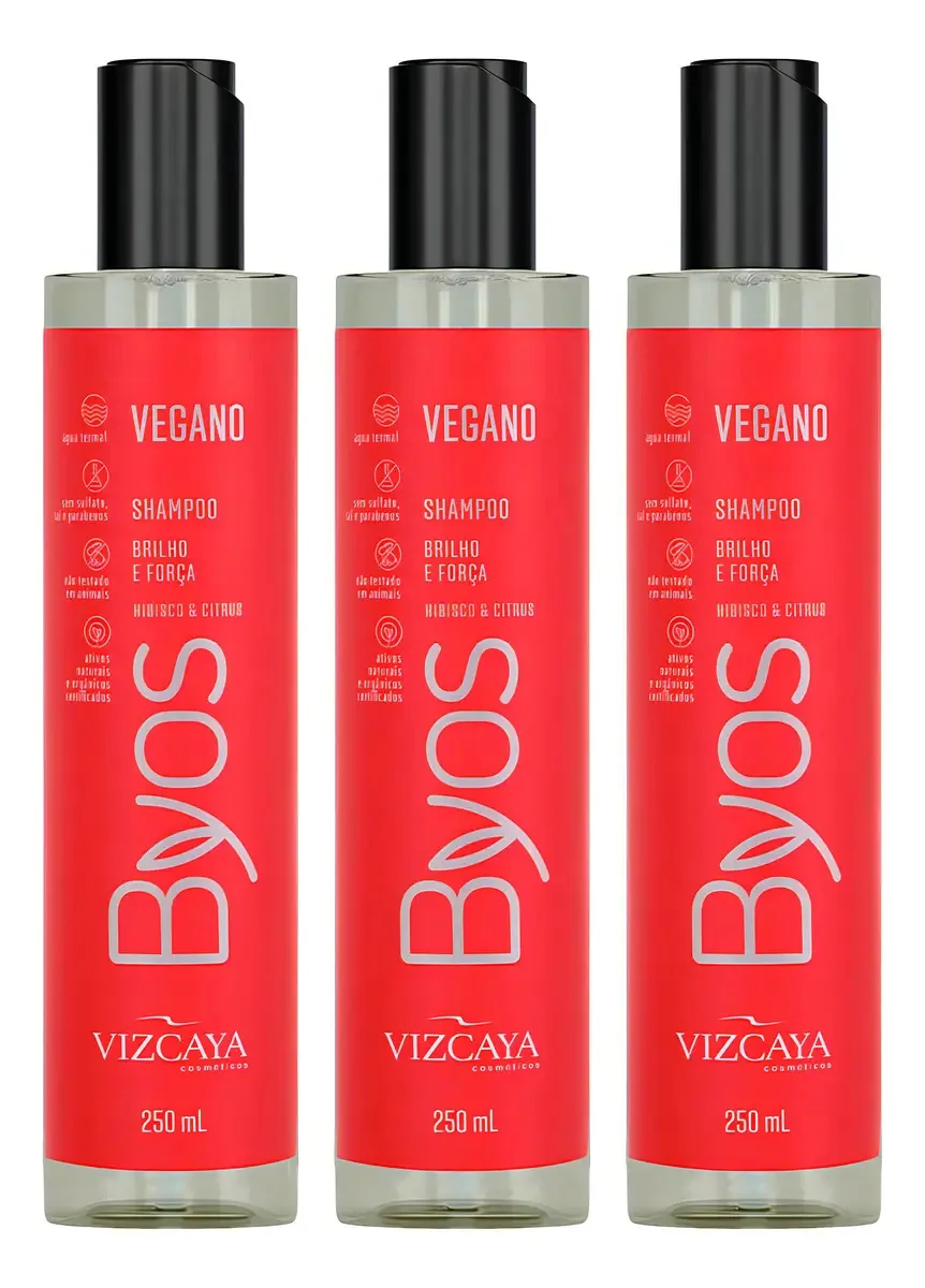 Kit 3 Shampoos Byos Vegano Brilho E Força 250ml - Vizcaya
