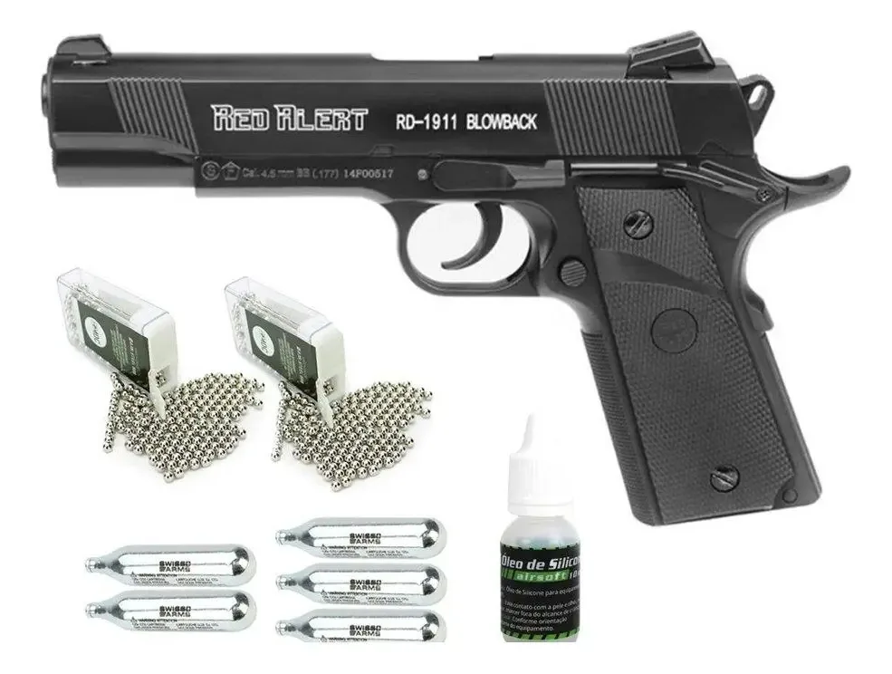 Pistola De Pressão Co2 Rd-1911 Blowback 4.5mm + Kit Co2 E Bb Preto 4.5 Mm
