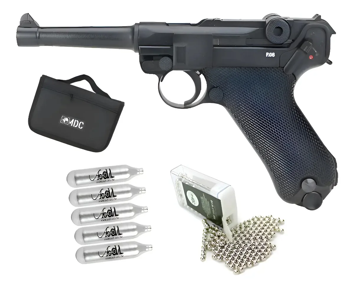 Pistola Pressão Co2 Luger P08 Blowback 4.5 +co2 + Bbs + Capa Preto 4.5 Mm