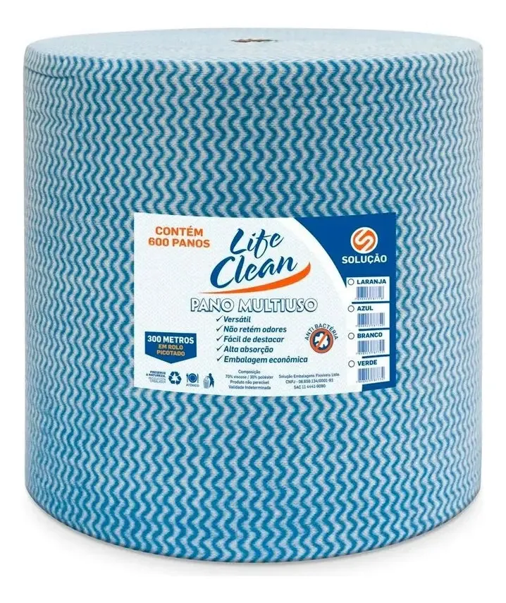 Pano Multiuso Life Clean Limpeza 28x40 Cm Rolo 600 Panos Azul