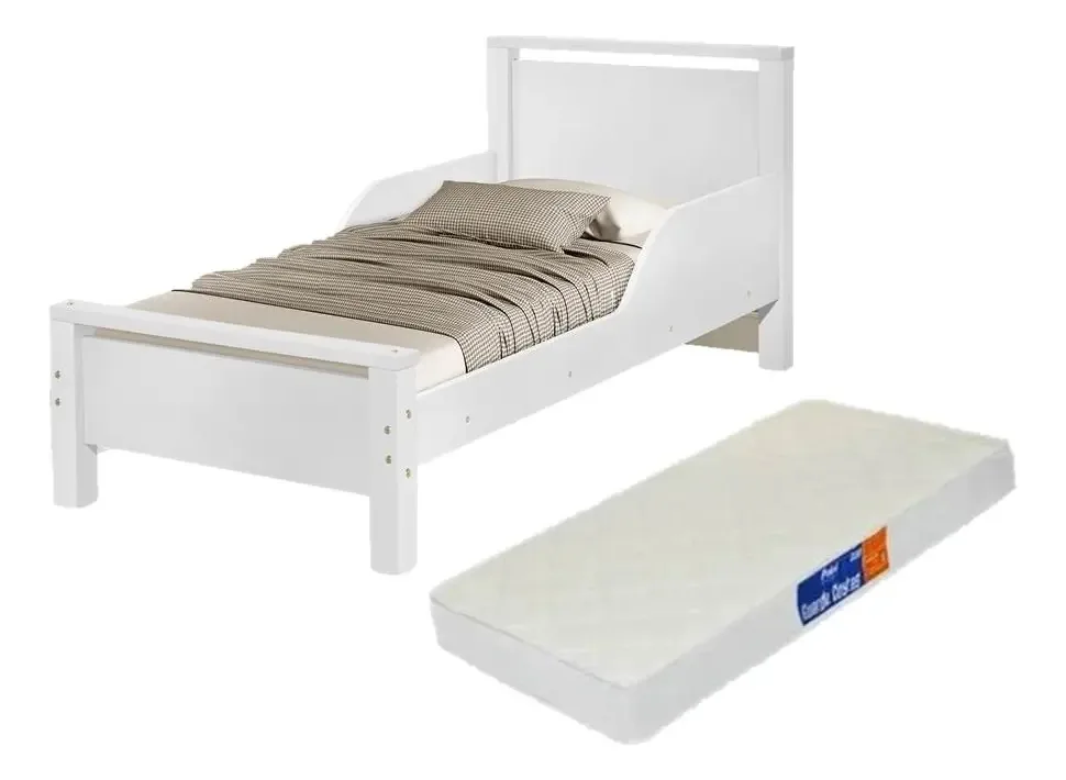 Mini Cama Infantil Branca Com Colchão e Grades para Berço Temático