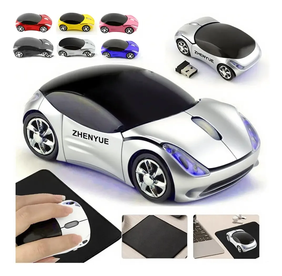 Mouse sem fio em forma de carro e mouse pad prateado