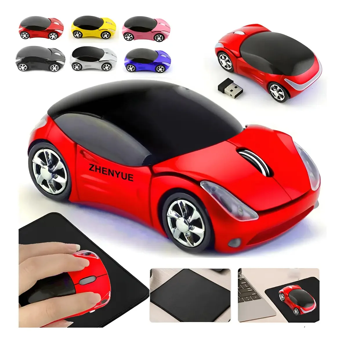 Mouse sem fio em forma de carro e mouse pad vermelho