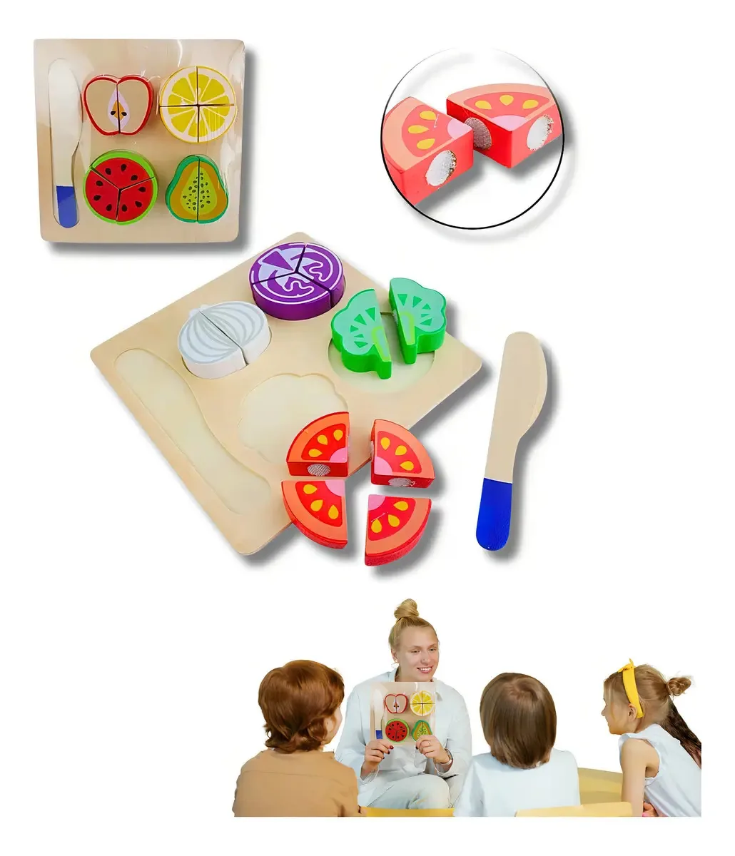 Brinquedo Didático Comida De Madeira Velcro Frutas Legumes