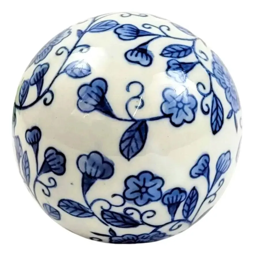 Bola Decorativa Azul E Branco Floral 10cm Porcelana A