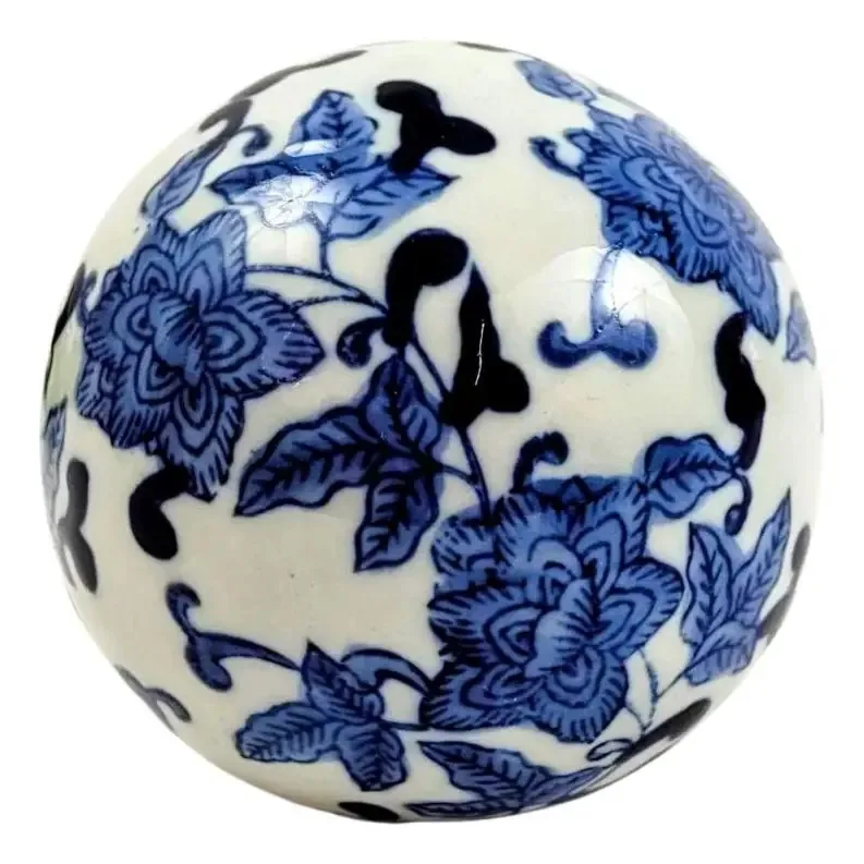 Bola Decorativa Azul E Branco Floral 10cm Porcelana B