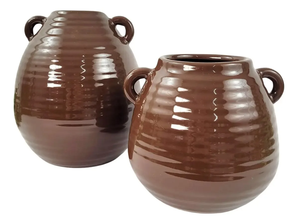 Vaso Decorativo Marrom Com Alça Kit 2pc