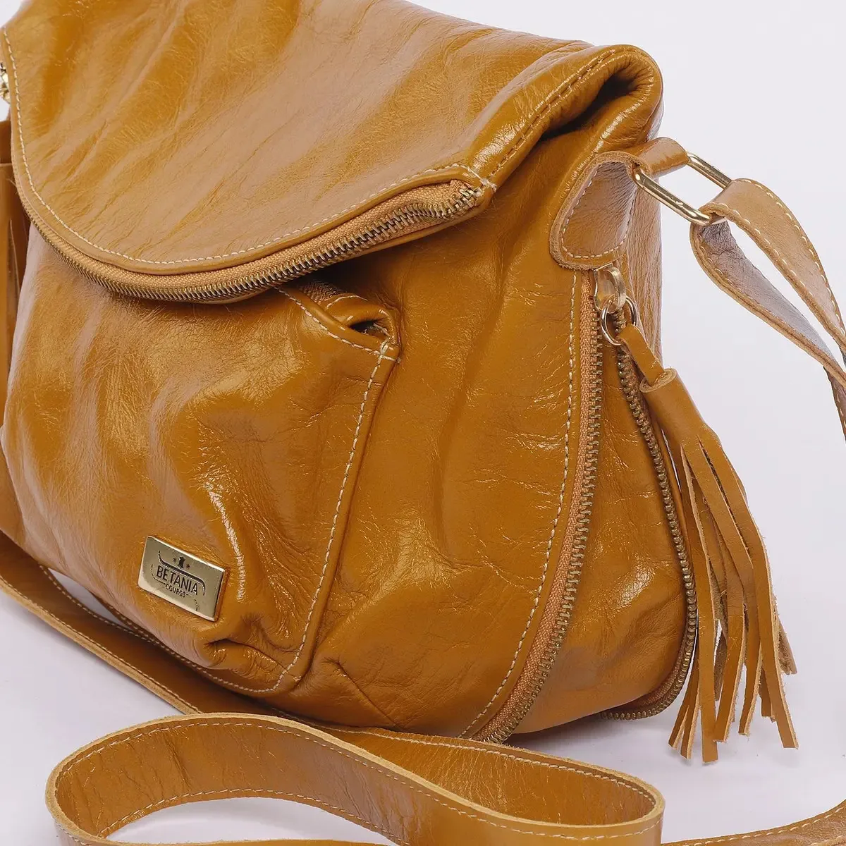 Bolsa Helo Transversal Em Couro Mostarda