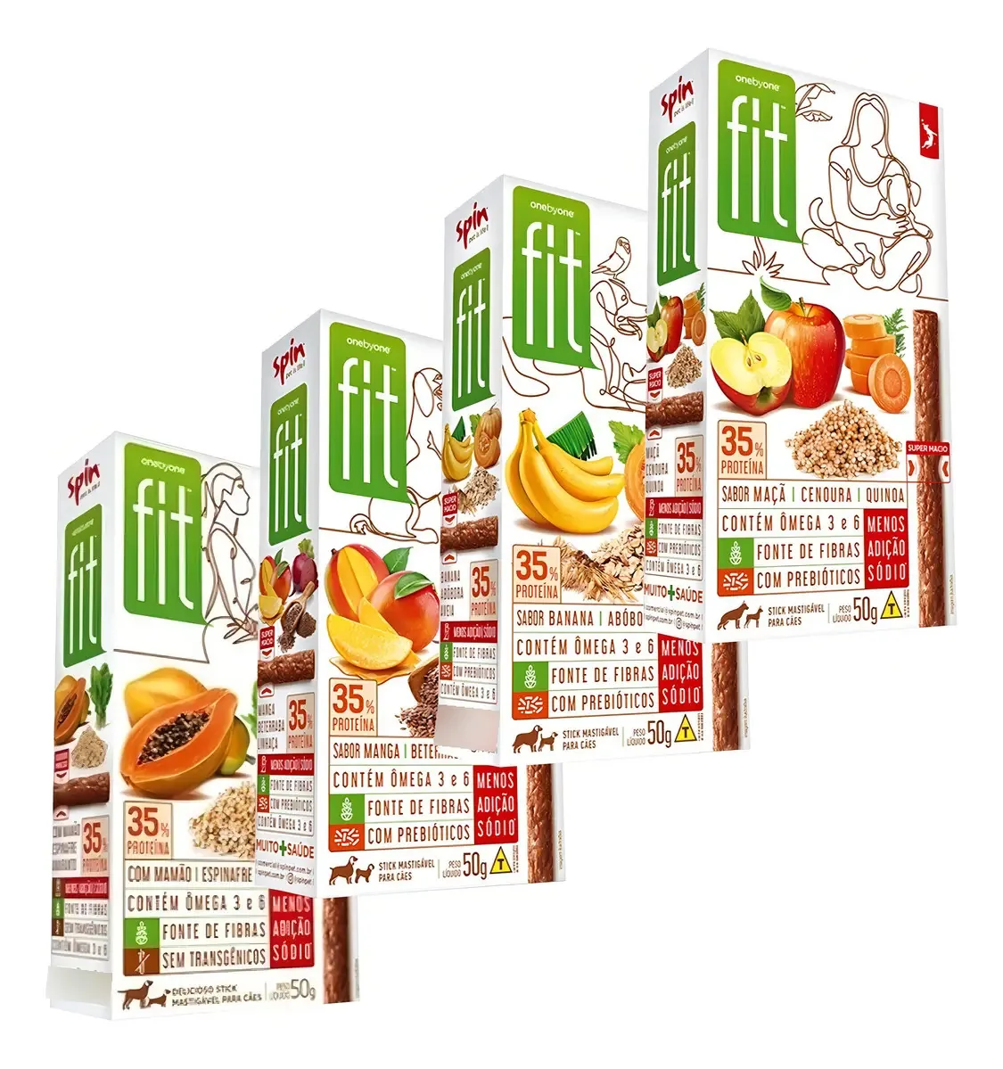 Kit 4 Petiscos Spin Pet Fit Manga Morango Banana Maçã 50g