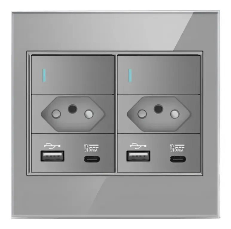 Interruptor 2 Teclas 2 Tomadas E 2 Usb-c Painel De Vidro 4x4 Cor Cinza 10a Corrente Nominal 16 A Voltagem Nominal 110220v