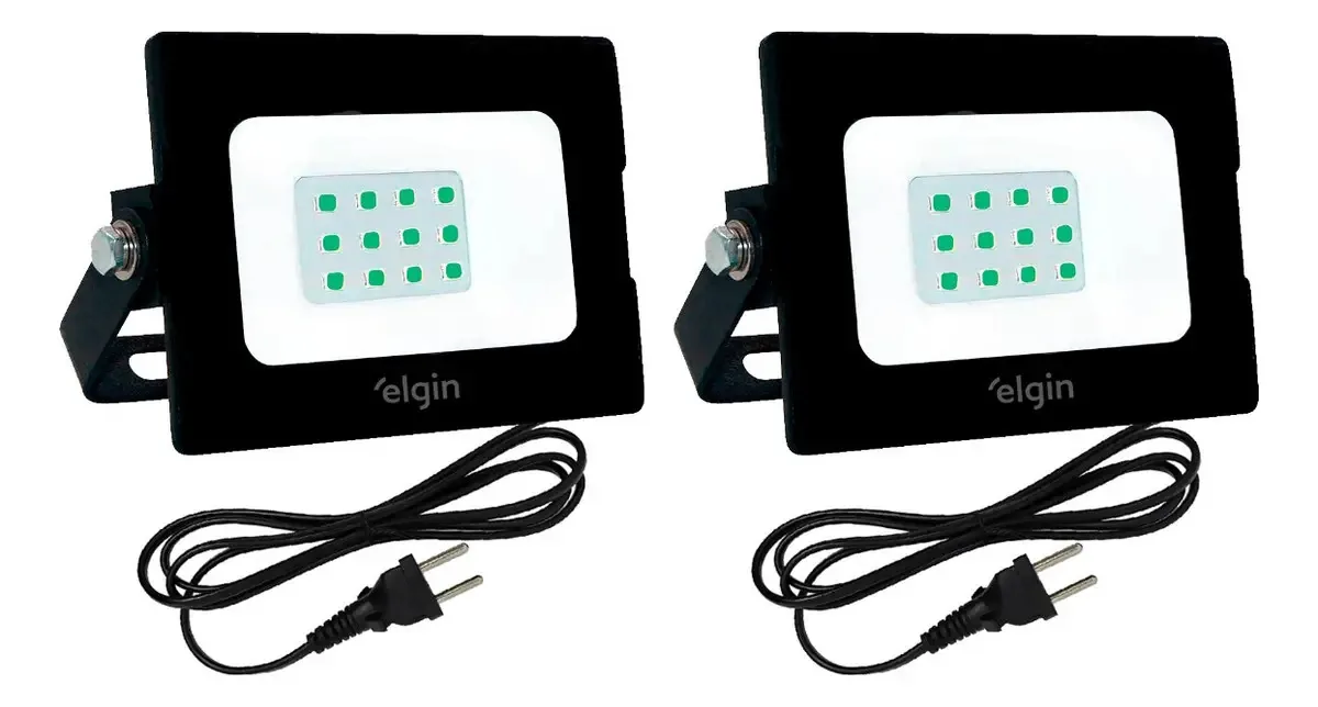 2x Refletores Elgin 10w Luz Verde Para Jardim C/ Tomada