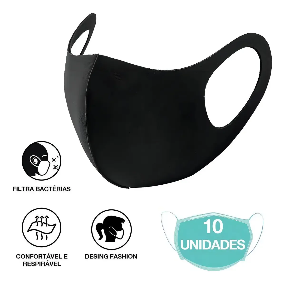 Máscaras Não Descartáveis De Neoprene Preta Unissex 10 Un