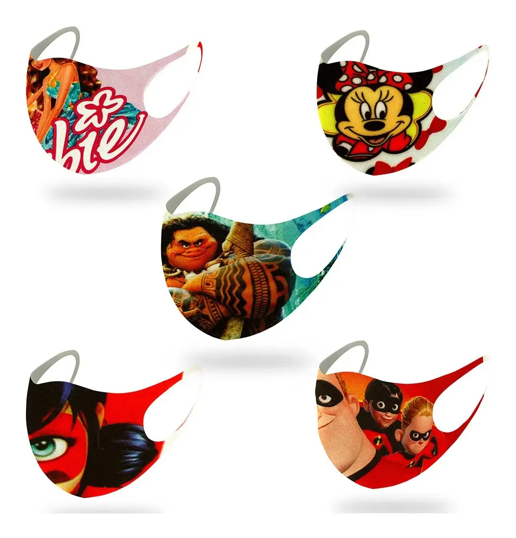 5 Máscaras Lavável Menina Vários Personagens De Neoprene