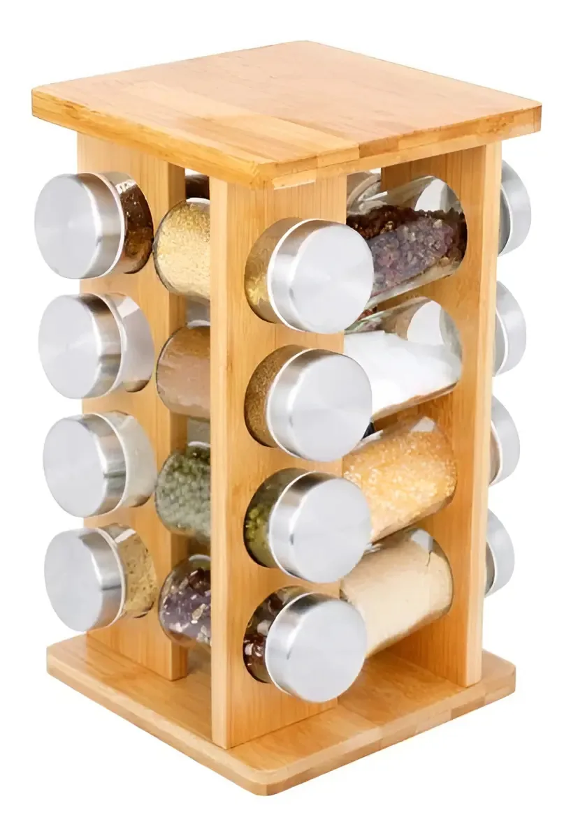 Porta Temperos Giratório Bambu Livon 16 Potes Vidro Mesa