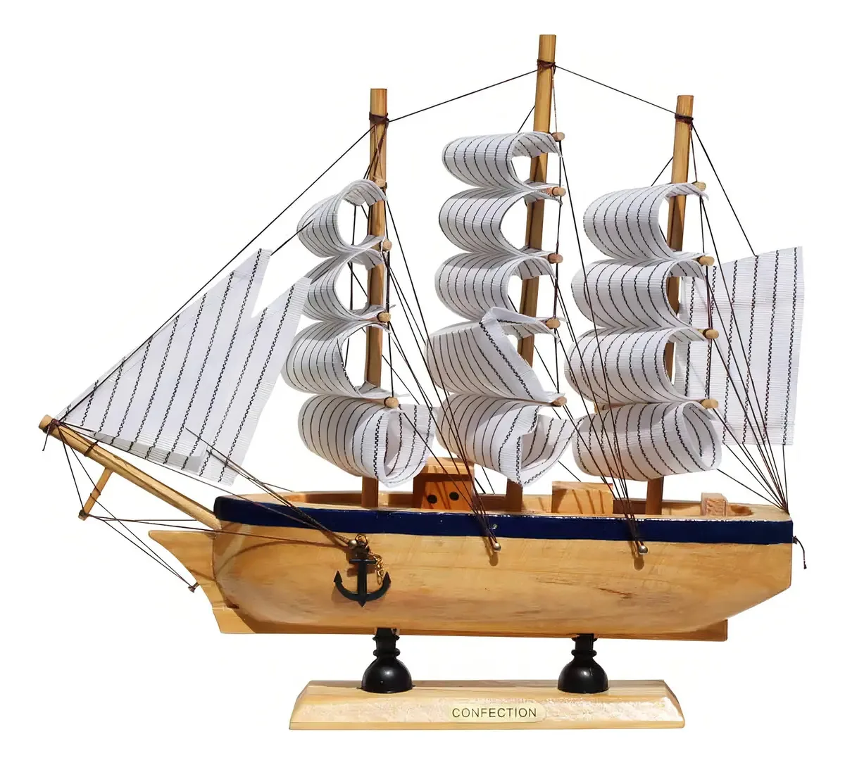 Barco De Madeira Caravela Navio Miniatura Cor Bege/azul Marinho