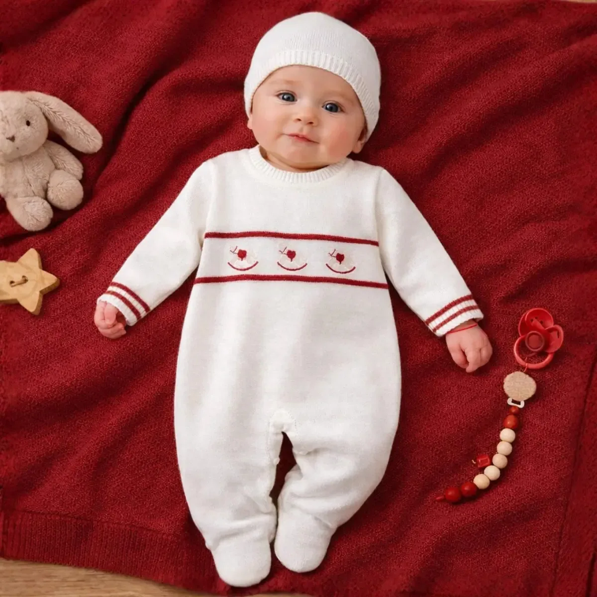 Saída Maternidade Roupas Bebê Tricô Macacão e Manta Enxoval Conjunto Recém Nascido Cavalinho 100% Algodão Vermelho 0-1 M