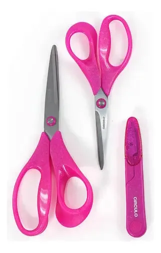 Kit 3 Tesouras Comfort Glitter Círculo Pink
