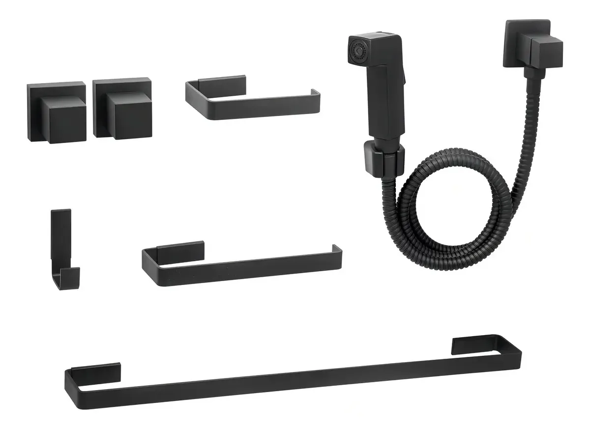 Kit De Acessórios Para Banheiro Quadrado Preto Completo Luxo