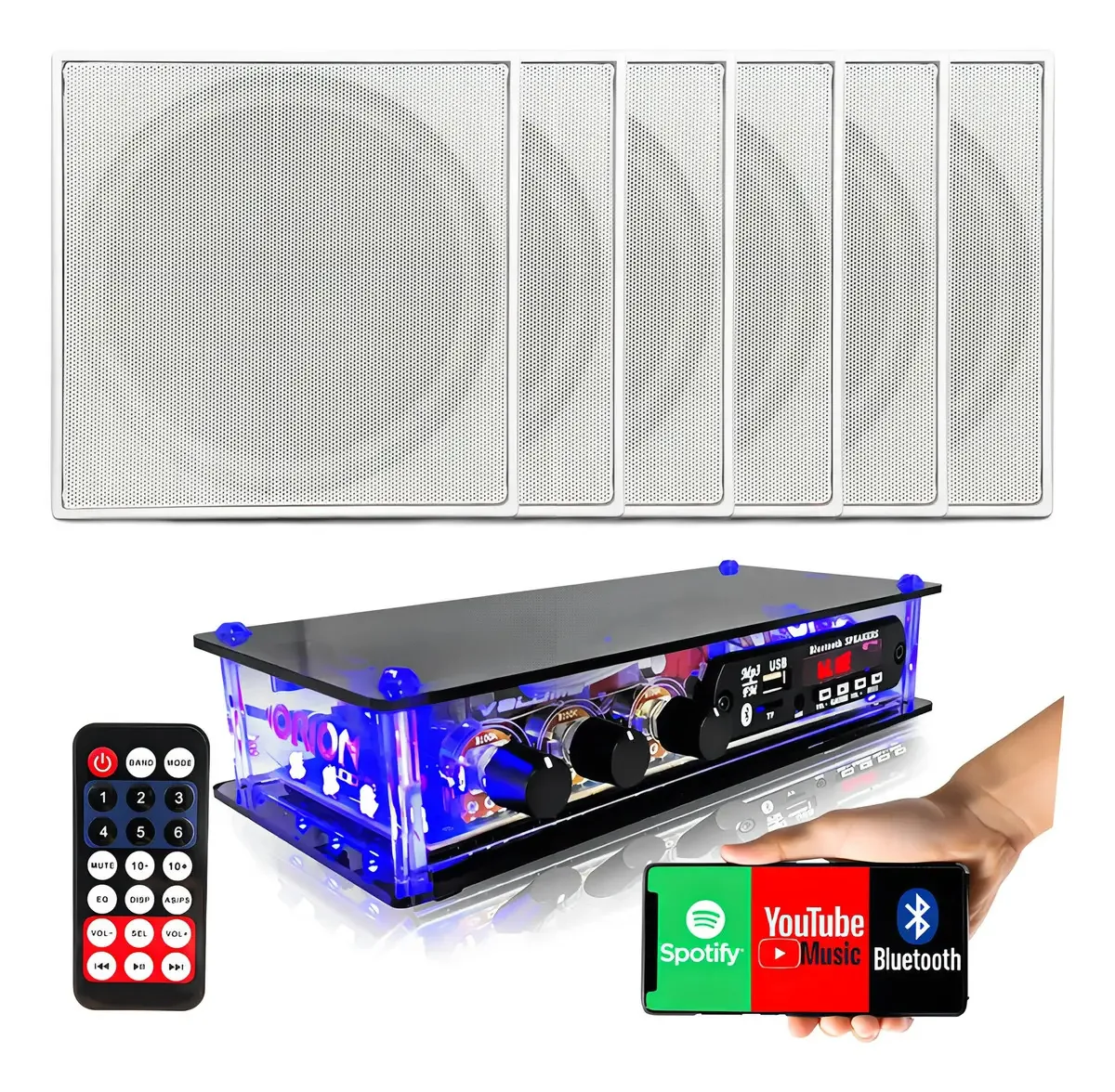 Som Ambiente 6 Caixas Quadrada Teto Embutir +receiver Bt Cor Preto