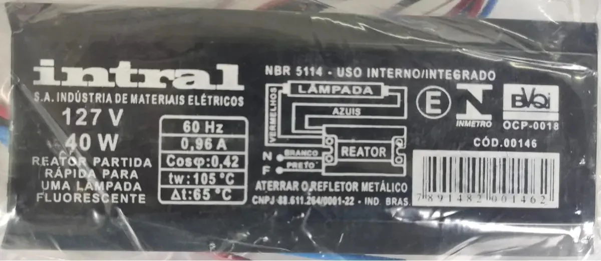 Reator Magnético Uma Lâmpada Fluorescente 40w 127v Intral