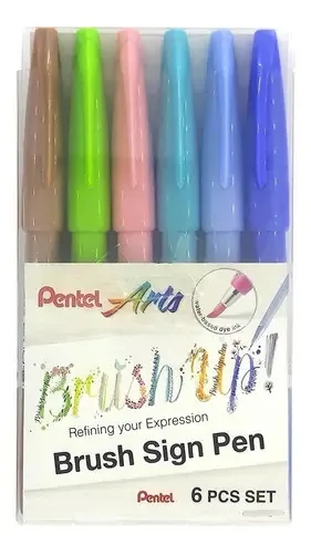 Caneta Pincel Pentel Brush Sign Pen 6 Cores Pastéis