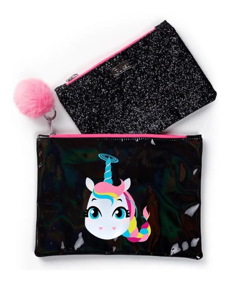 Kit Com Duas Nécessaires Puket Unicórnio Glitter Preto