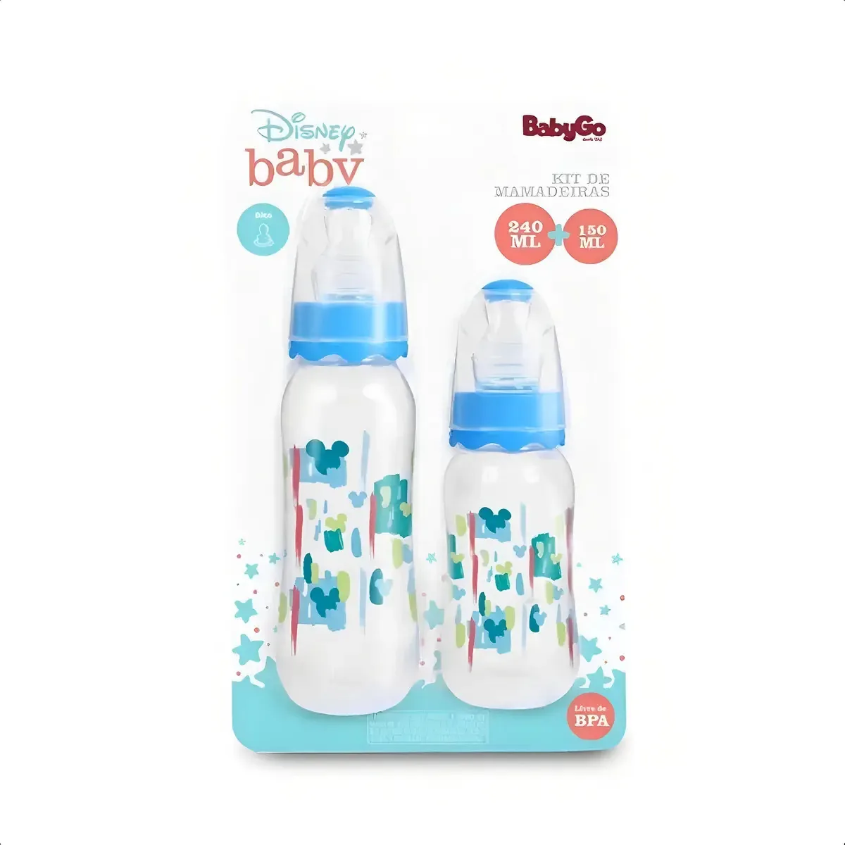Kit Mamadeiras Baby Go 240ml e 150ml Bico Silicone Azul Livre BPA