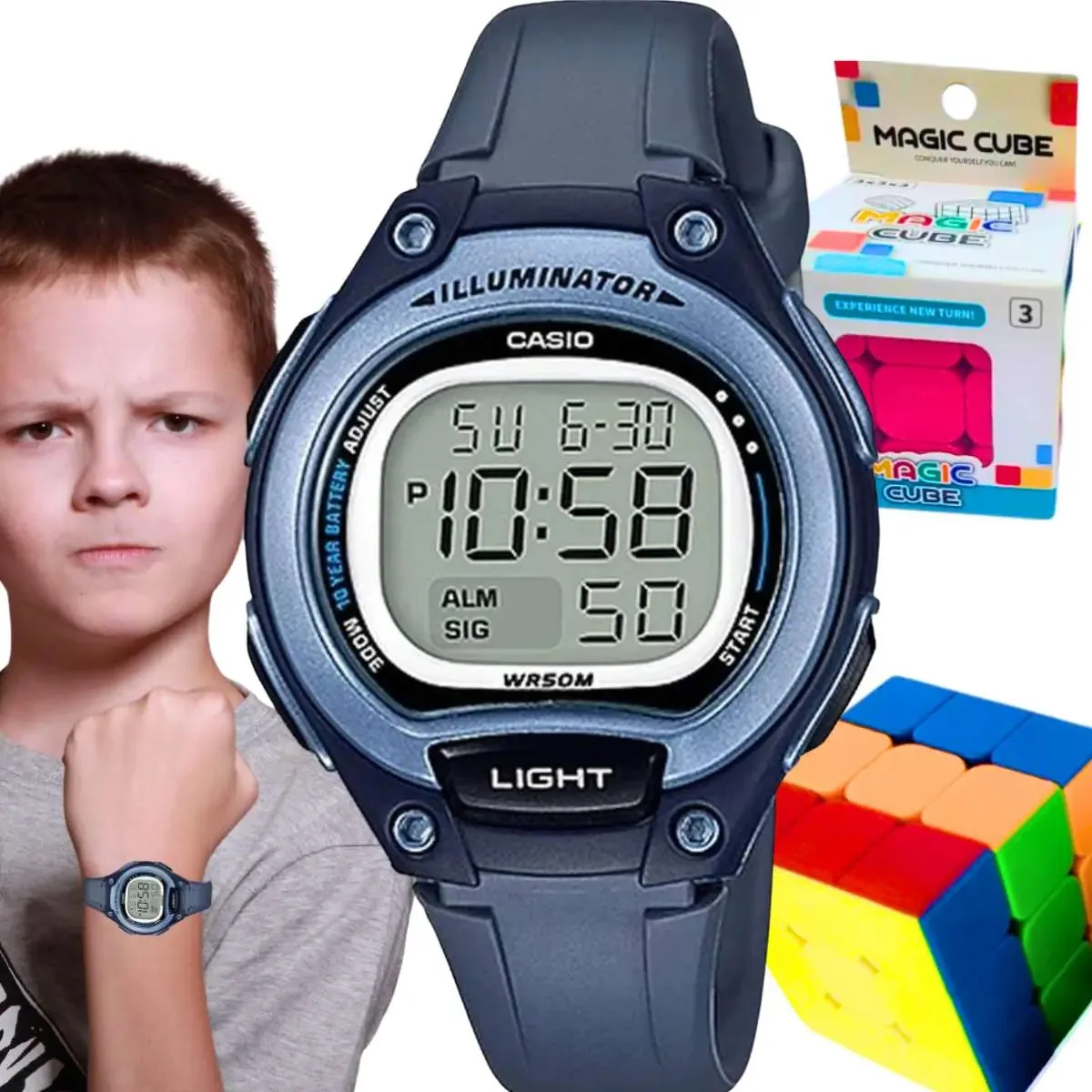 Kit Relógio Casio Infantil Digital Preto Lw-203 + Brinquedo