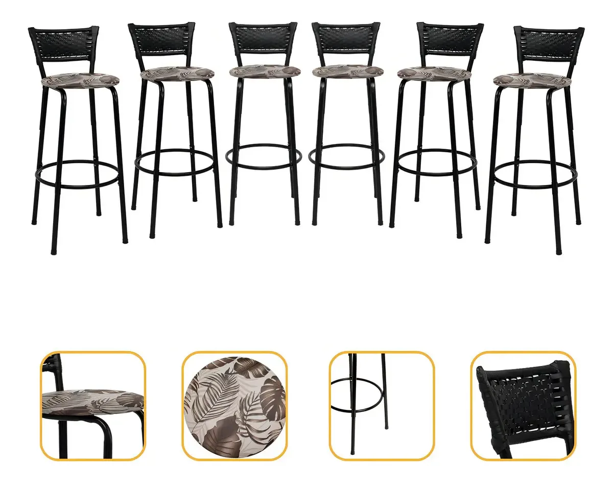 Banqueta Alta Para Bar/cozinha Imperdível Acabamento Da Estrutura Estrutura Preta Cor Floral Marrom
