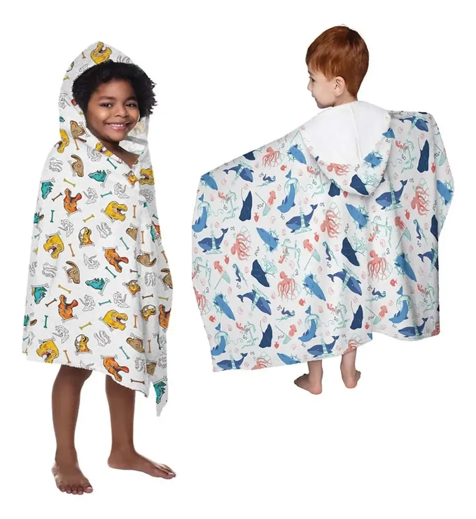 Kit 2 Toalha Banho Capuz Infantil Jurássico E Feras Do Mar