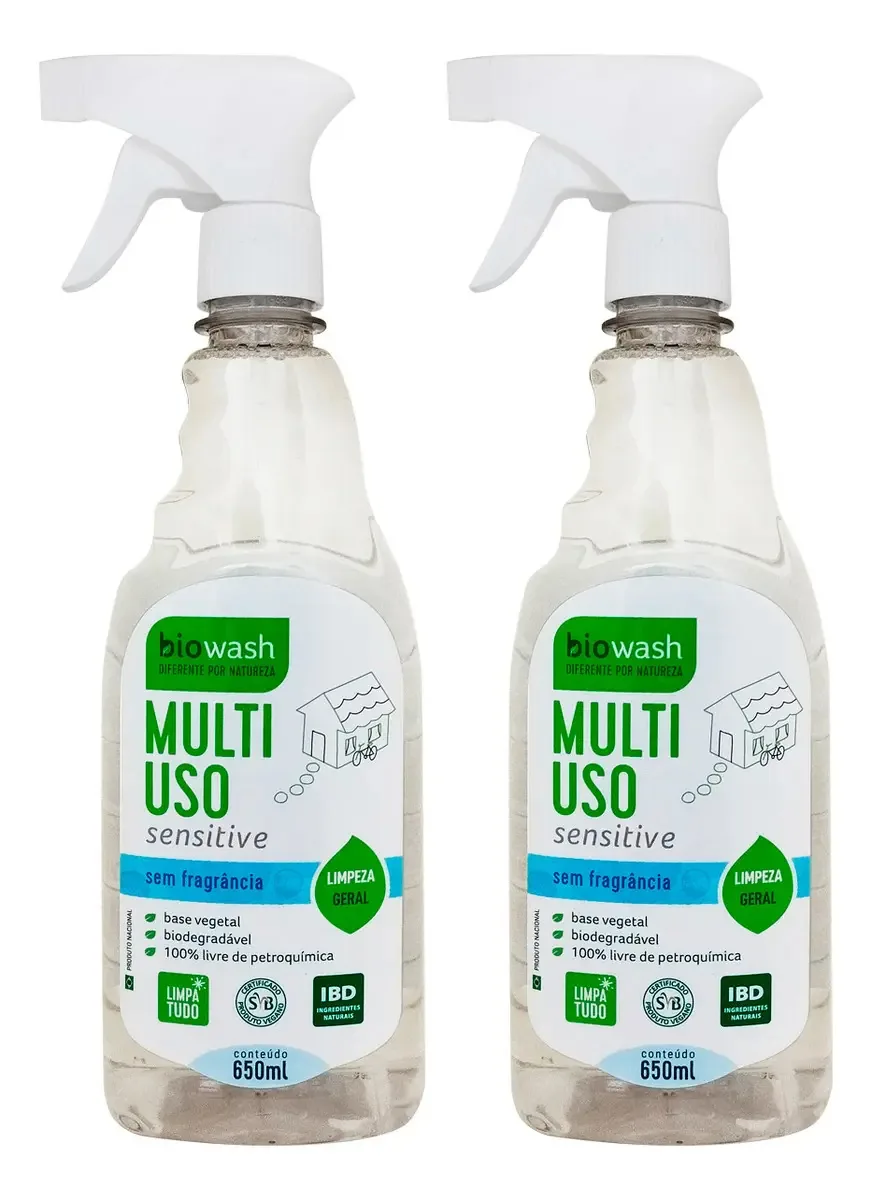 Kit 2 Limpadores Multiuso Sensitive Biodegradável Biowash de 650 mL