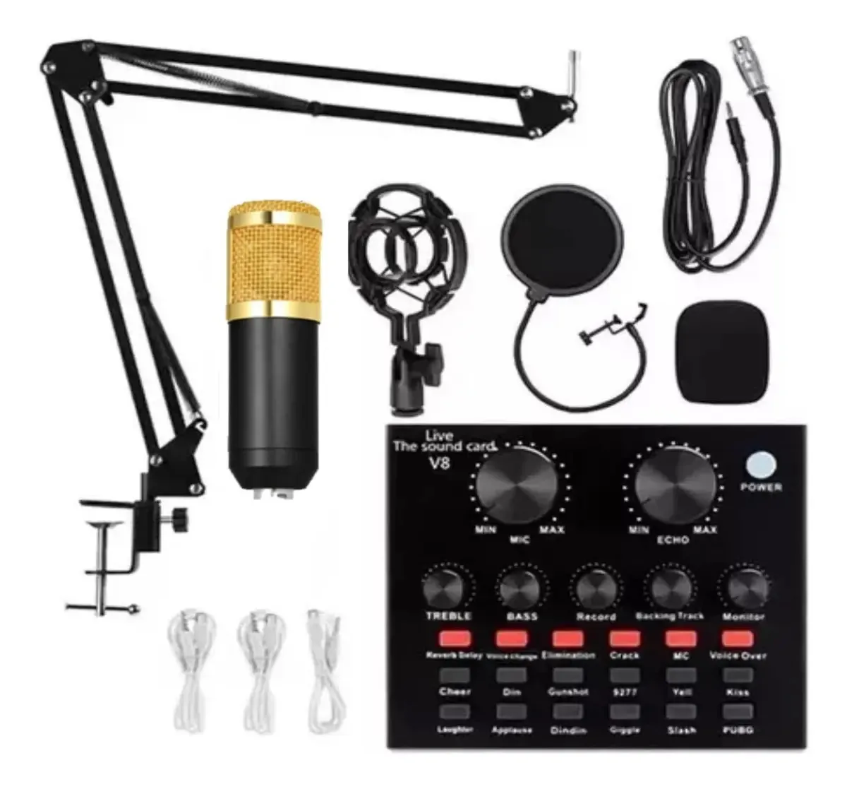 Kit Microfone Bm800 Estúdio Profissional Interface Mesa V8s Cor Preto e dourado