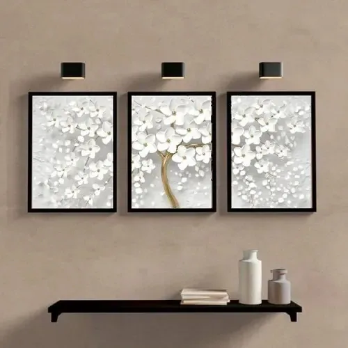 Kit 3 Quadros Árvore Flores Brancas 45x34cm Com Vidro Preta