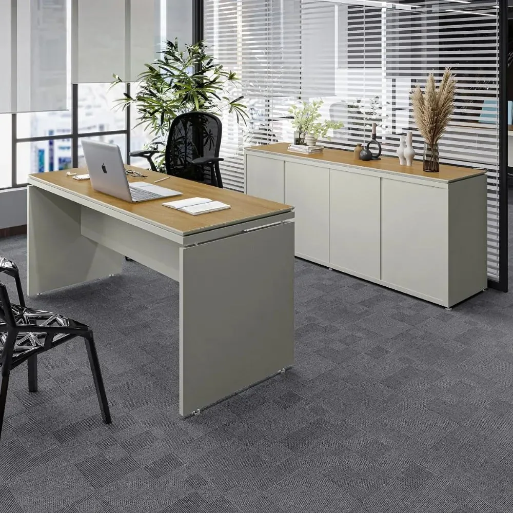 Conjunto De Escritório Office 2 Pç Mesa E Balcão Buffet Oslo Cor Fendi e Freijó