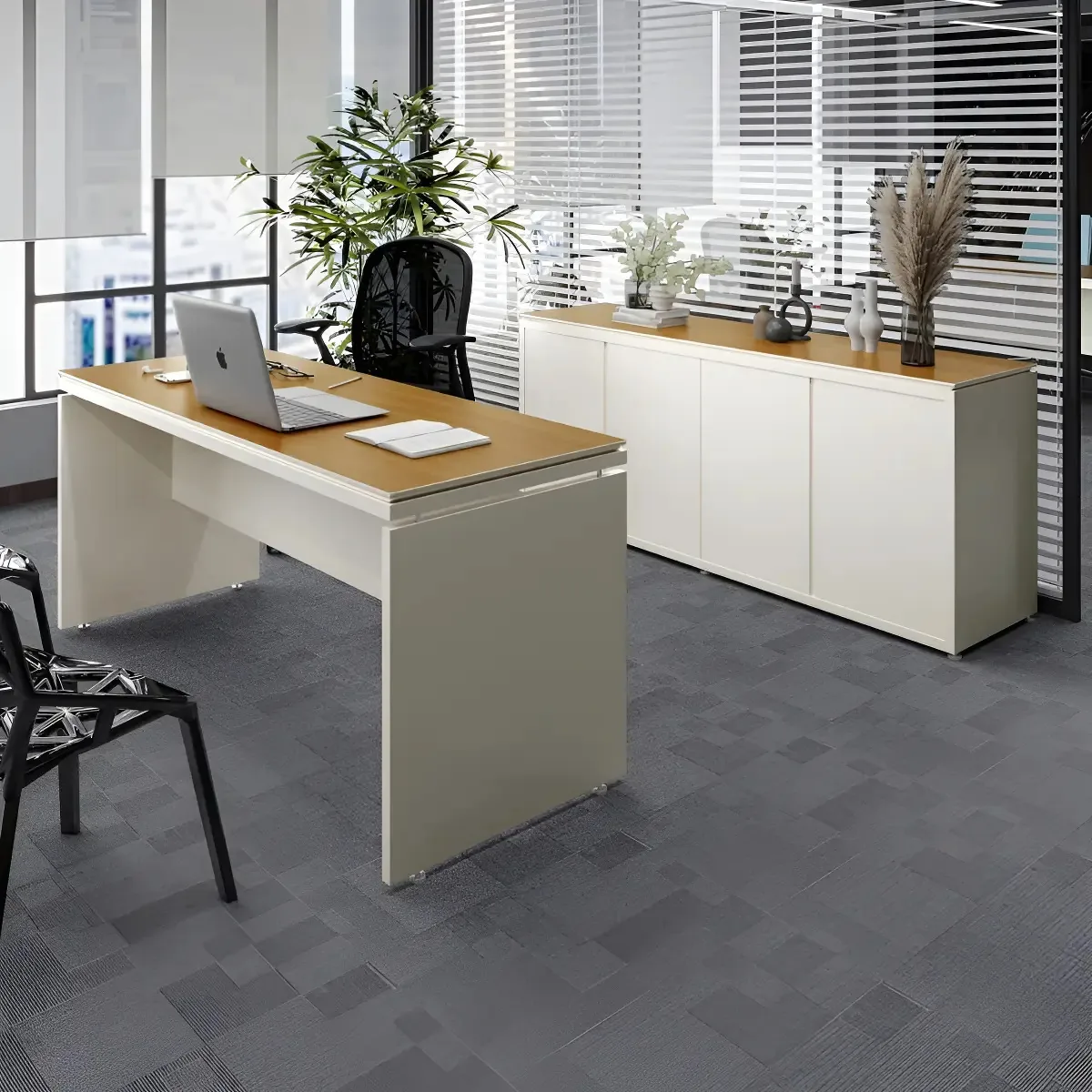 Conjunto De Escritório Office 2 Pç Mesa E Balcão Buffet Oslo Cor Off White e Cedro